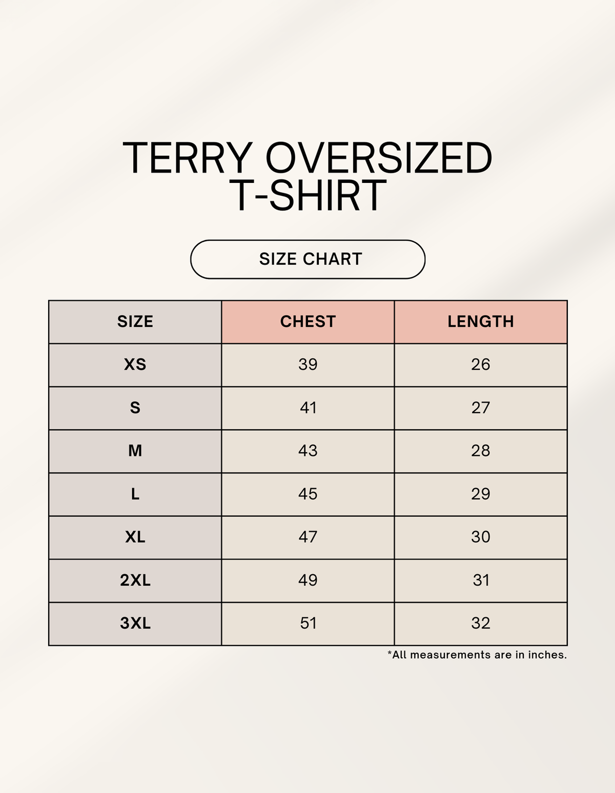 TribeWear terry oversized T-shirt size chart