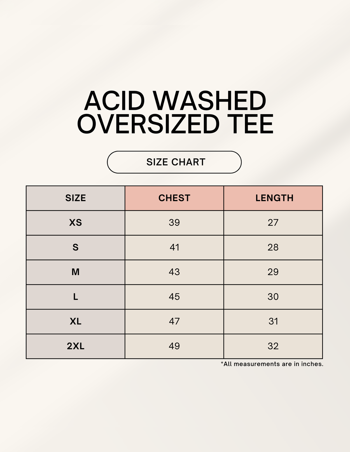 TribeWear oversized T-shirt size chart