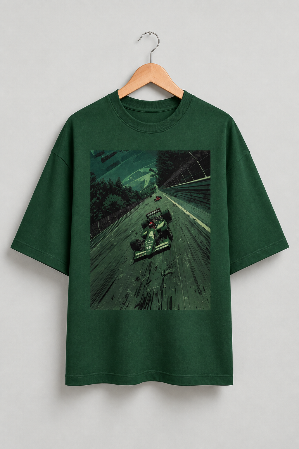 F1 Bottle Green oversized T-shirt mockup – view 1