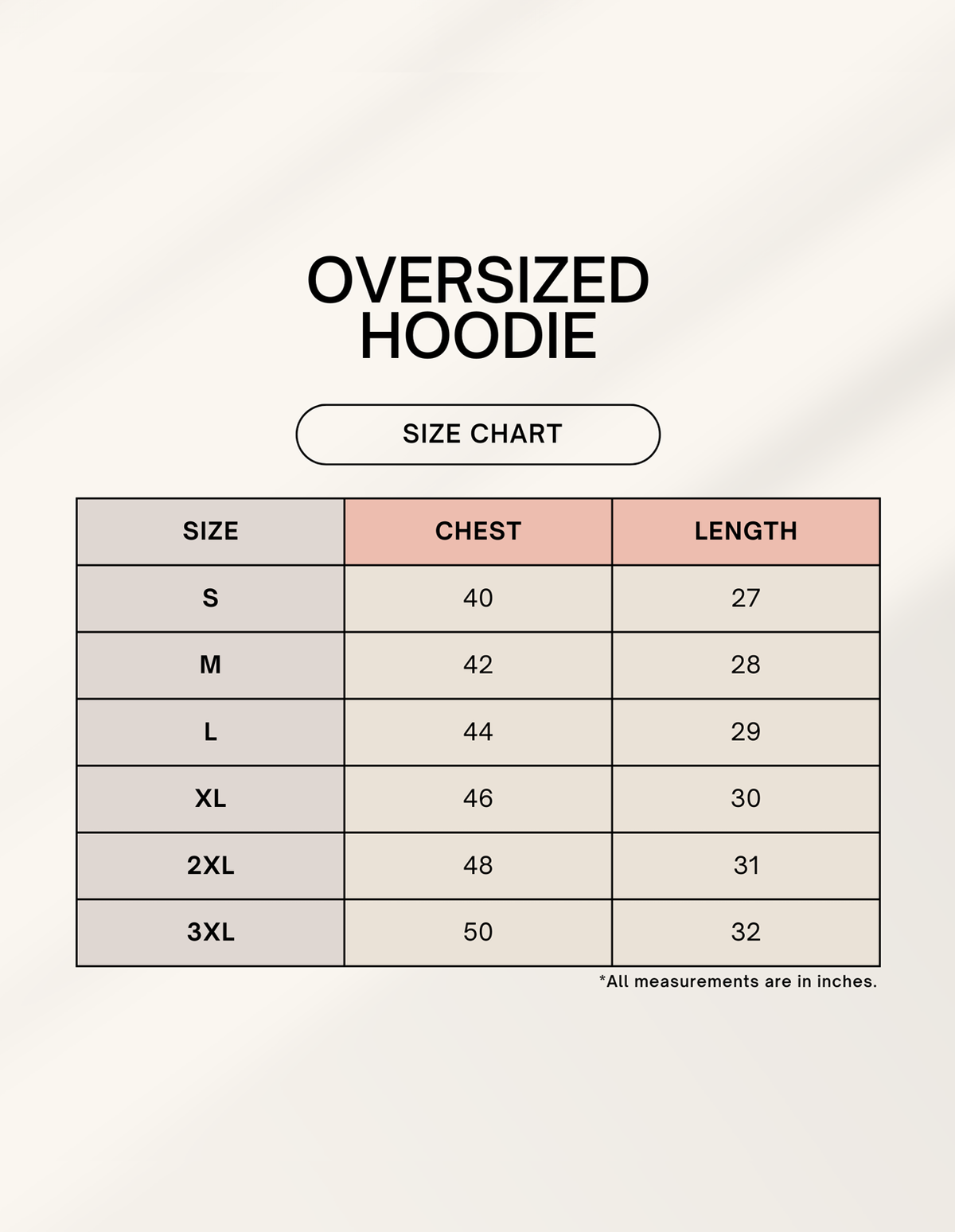 TribeWear hoodie size chart