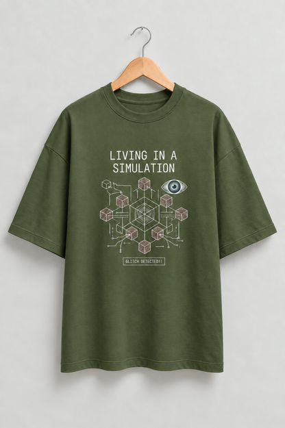 Living in a Simulation oversized T-shirt — Olive Green, view 1