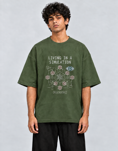 Living in a Simulation oversized T-shirt — Olive Green, view 2