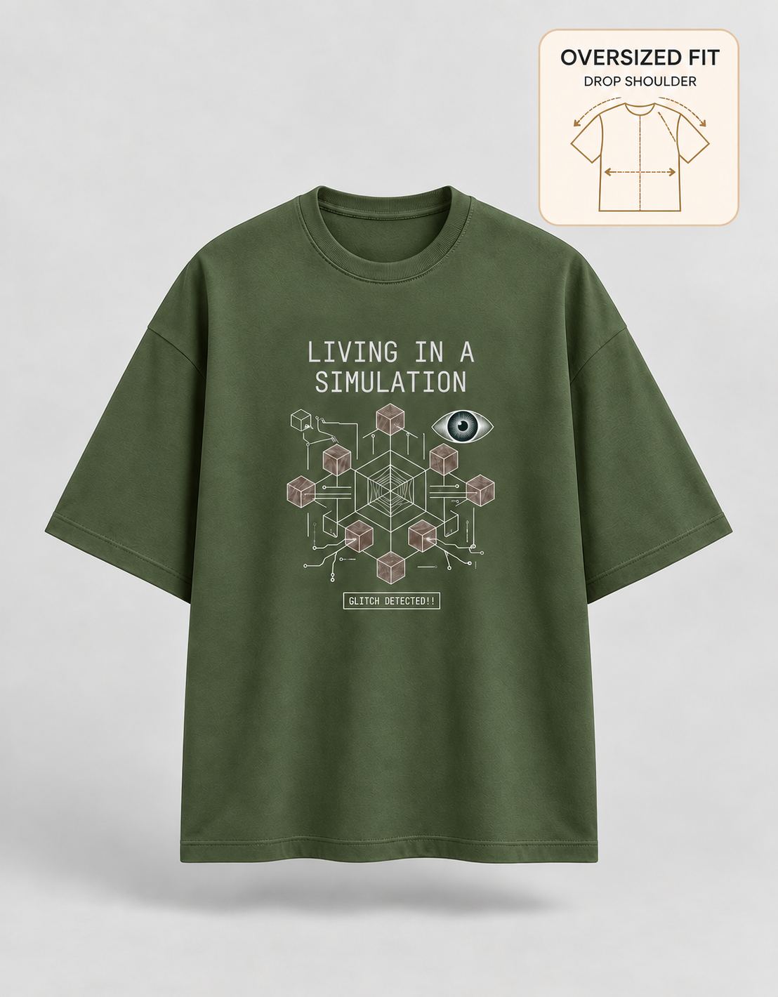 Living in a Simulation oversized T-shirt — Olive Green, view 3