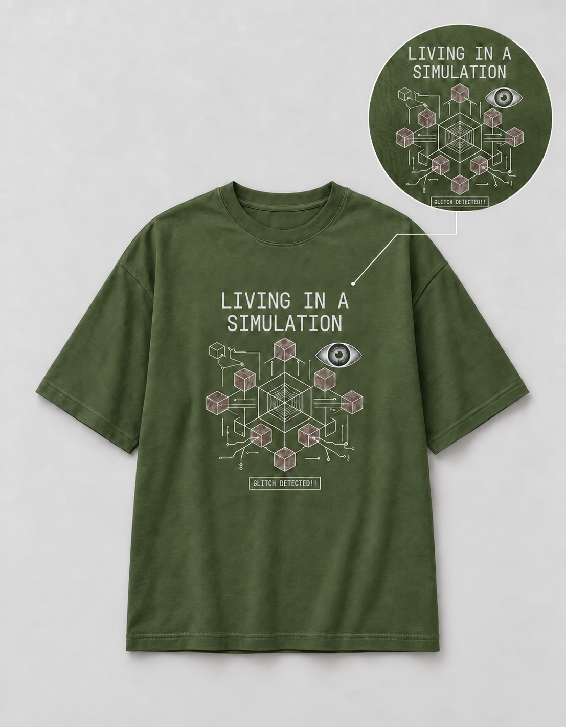 Living in a Simulation oversized T-shirt — Olive Green, view 4