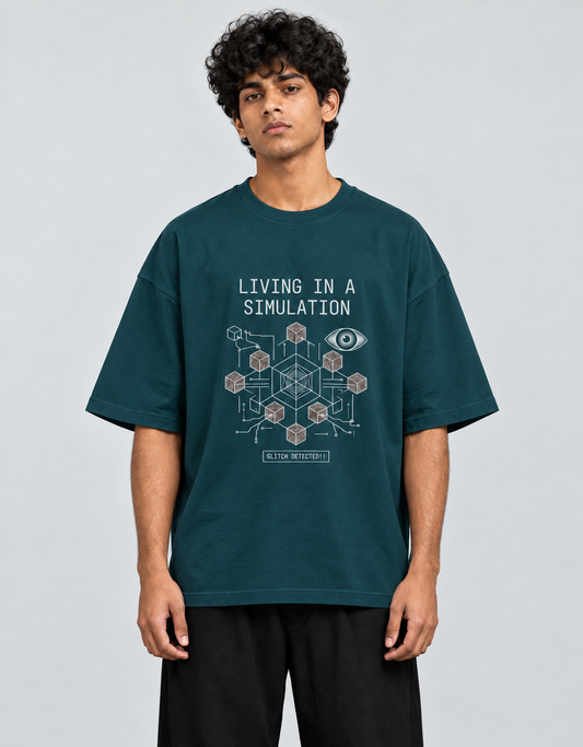 Living in a Simulation oversized T-shirt — Petrol Blue, view 2