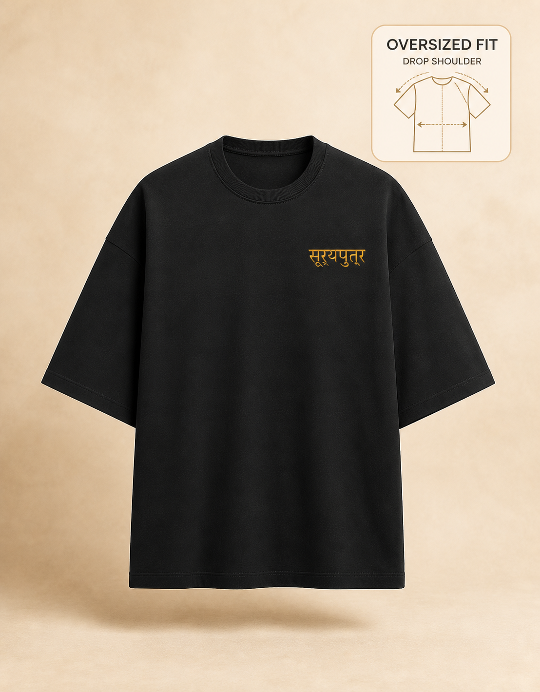 Suryaputra oversized tee in black – front, oversized drop-shoulder fit