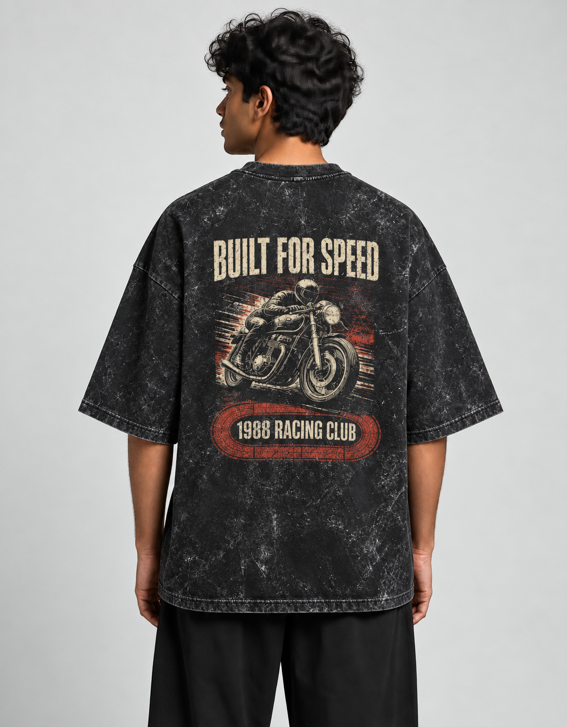 Built for Speed Black acid-wash oversized T-shirt mockup – view 2