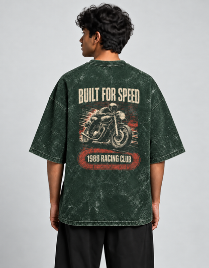 Built for Speed Bottle Green acid-wash oversized T-shirt mockup – view 2