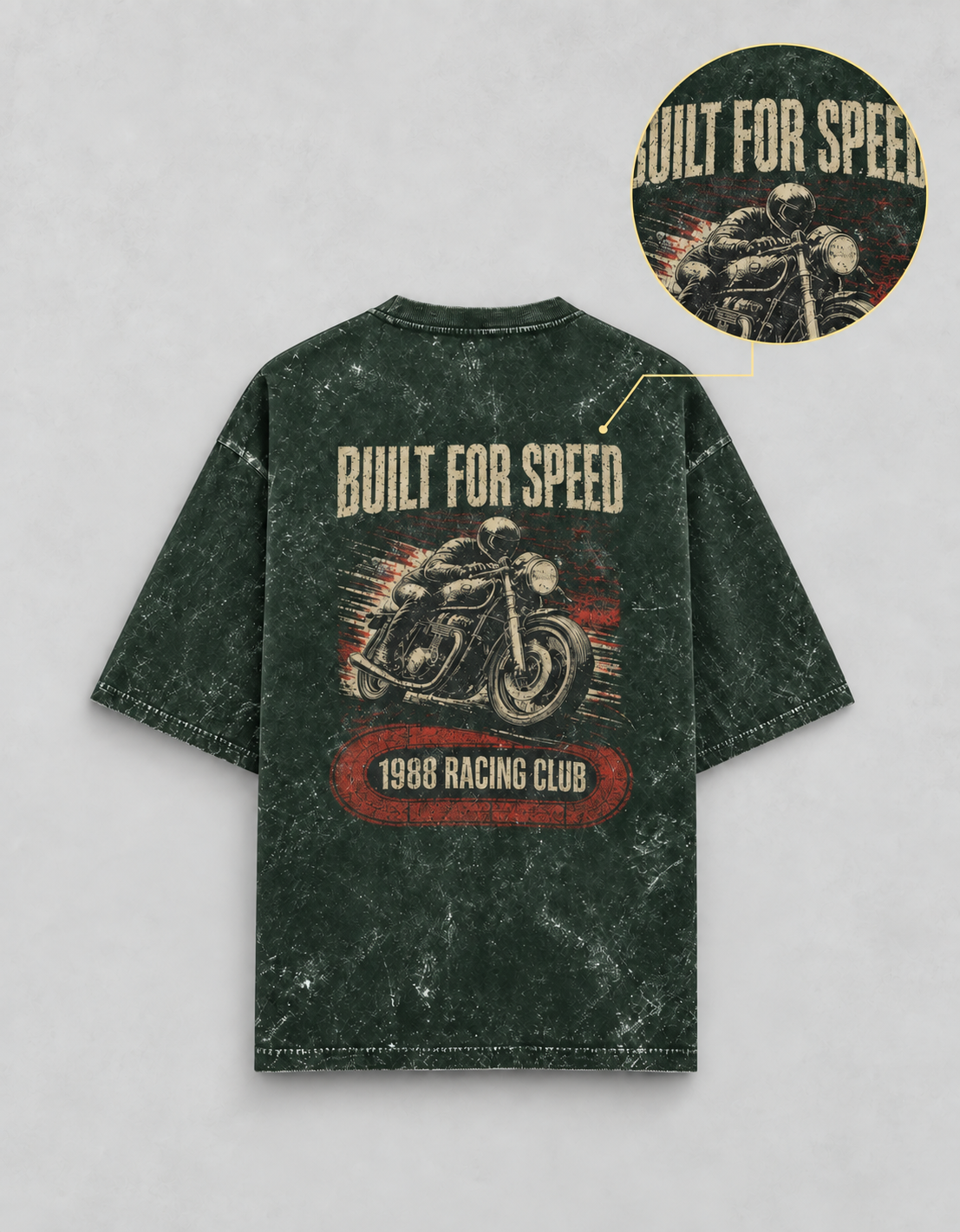 Built for Speed Bottle Green acid-wash oversized T-shirt mockup – view 4