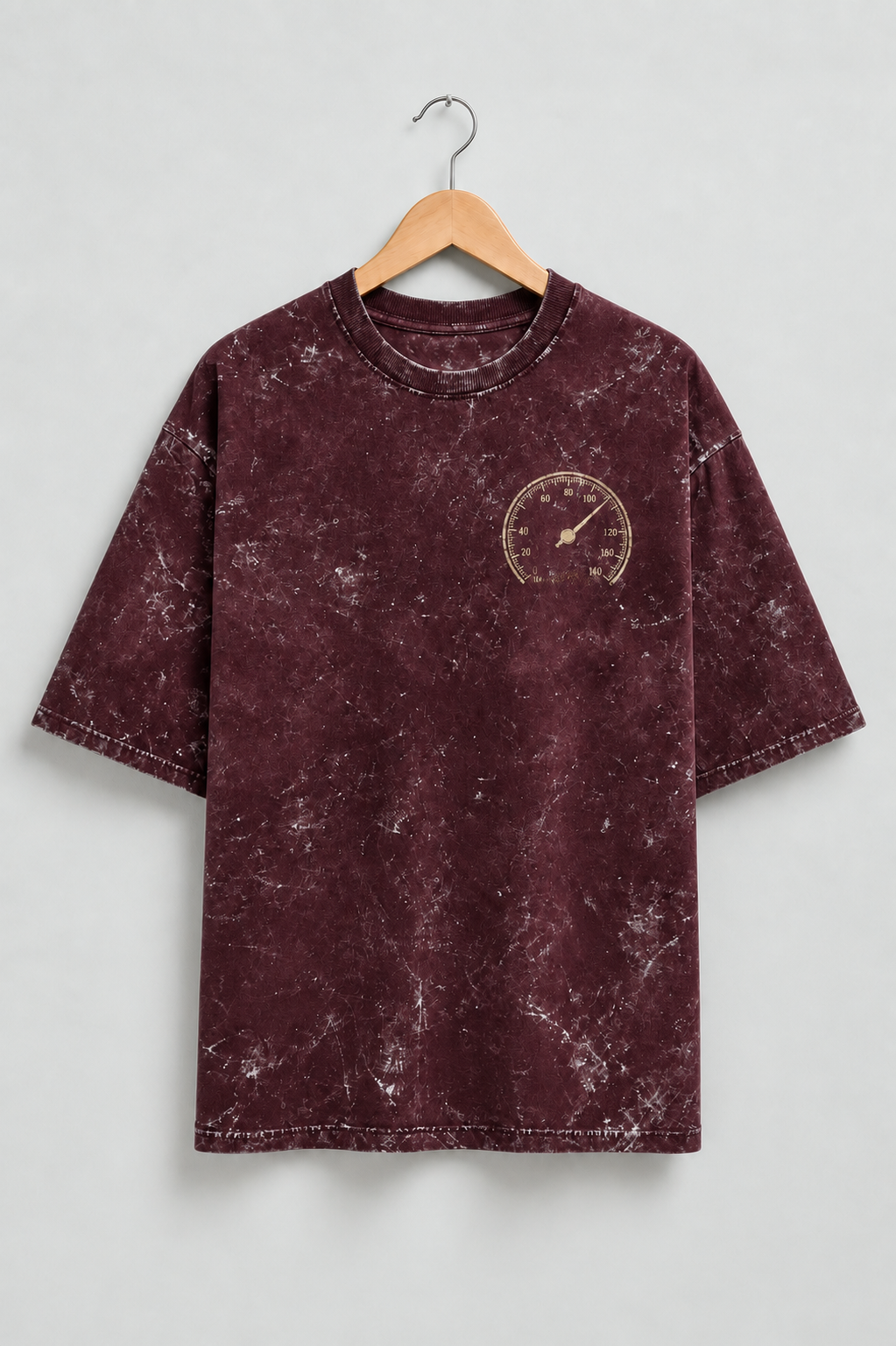 Built for Speed Maroon acid-wash oversized T-shirt mockup – view 1