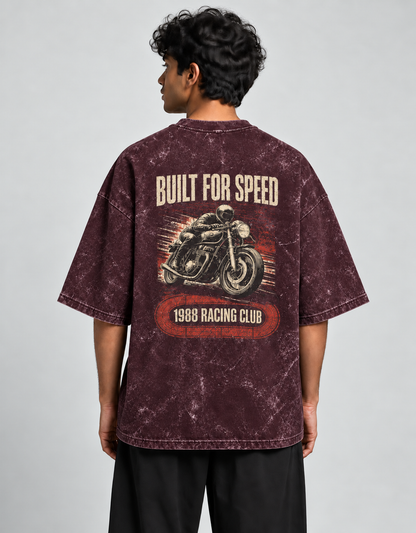 Built for Speed Maroon acid-wash oversized T-shirt mockup – view 2