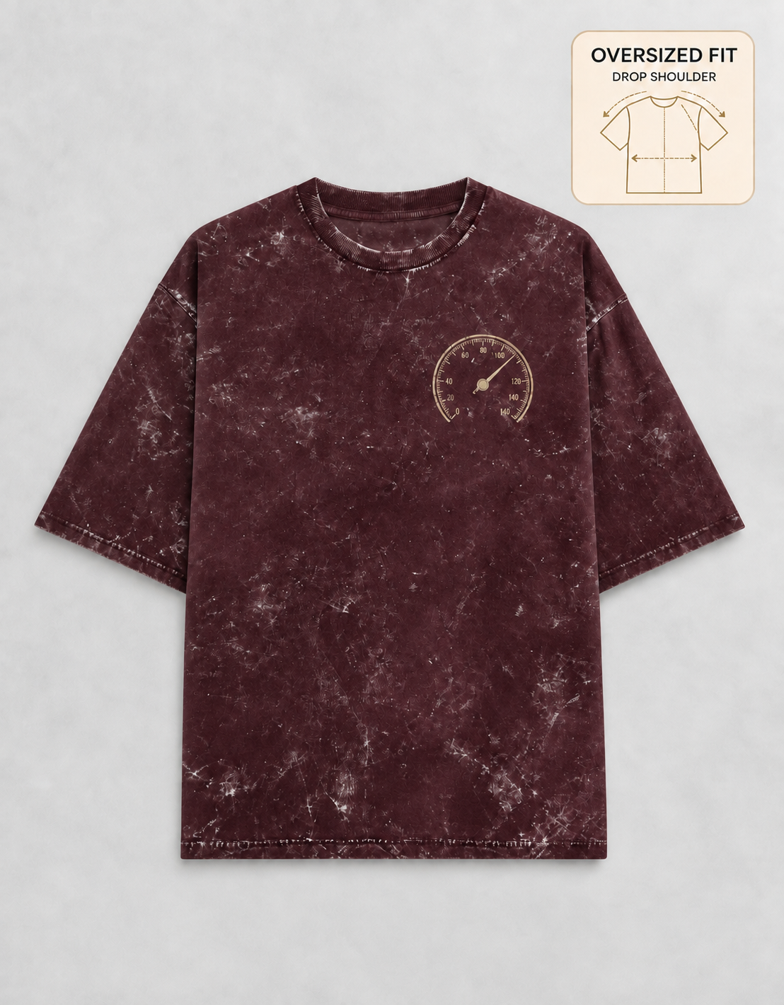 Built for Speed Maroon acid-wash oversized T-shirt mockup – view 3