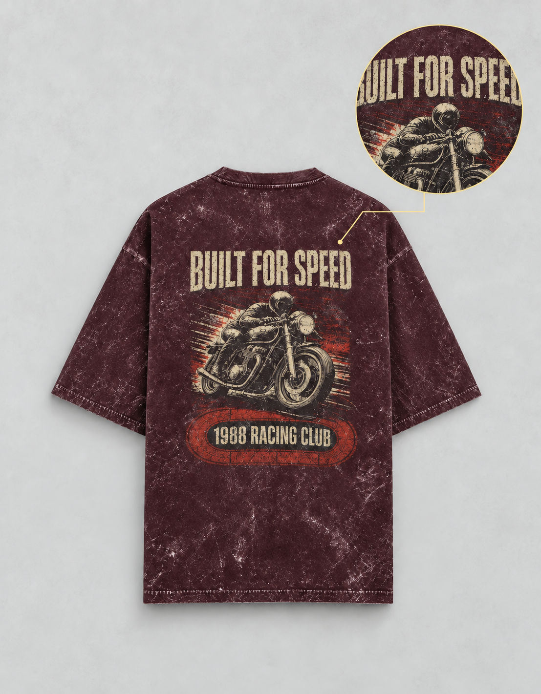 Built for Speed Maroon acid-wash oversized T-shirt mockup – view 4