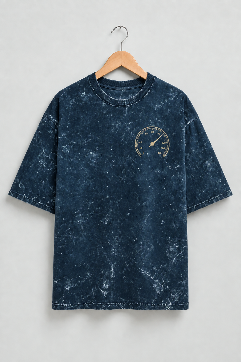 Built for Speed Navy Blue acid-wash oversized T-shirt mockup – view 1