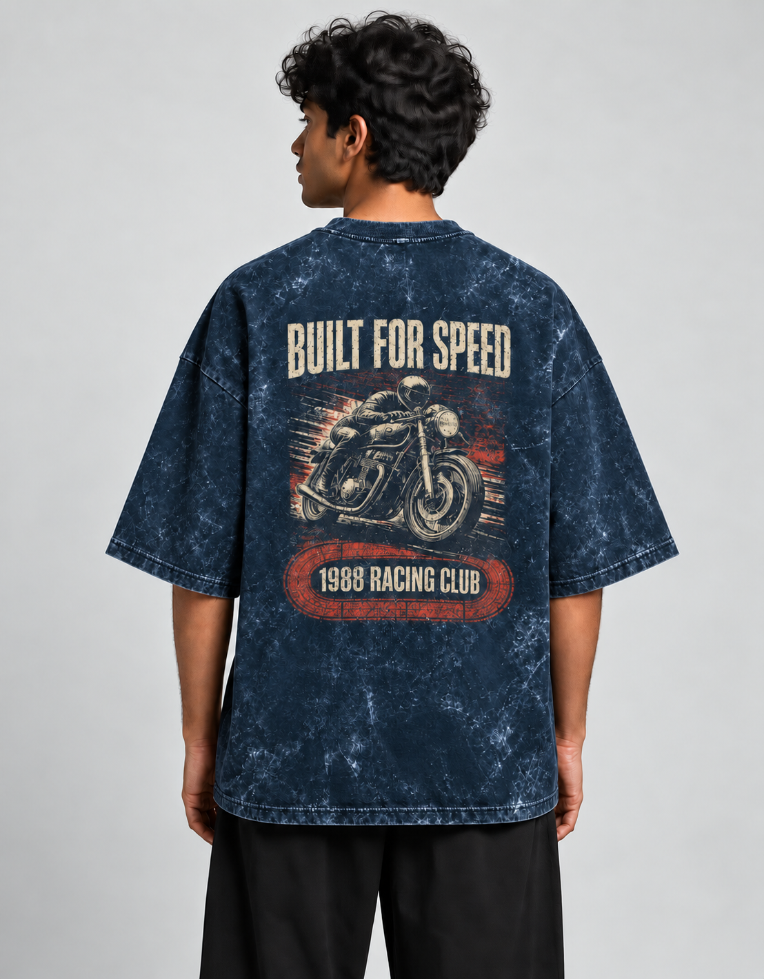 Built for Speed Navy Blue acid-wash oversized T-shirt mockup – view 2