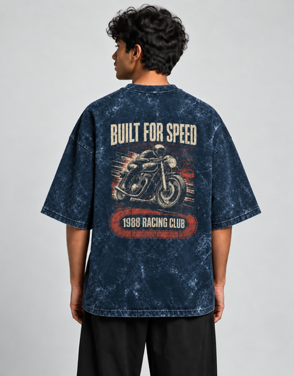 Built for Speed Navy Blue acid-wash oversized T-shirt mockup – view 2