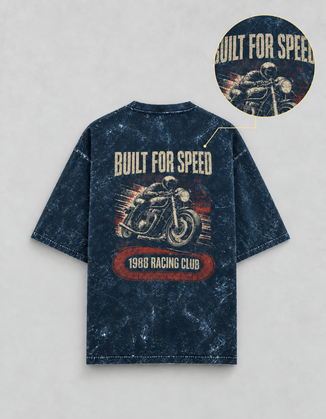 Built for Speed Navy Blue acid-wash oversized T-shirt mockup – view 4