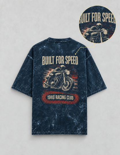 Built for Speed Navy Blue acid-wash oversized T-shirt mockup – view 4