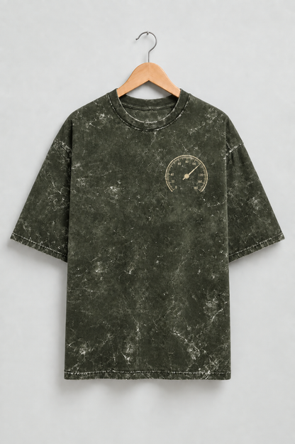 Built for Speed Olive Green acid-wash oversized T-shirt mockup – view 1