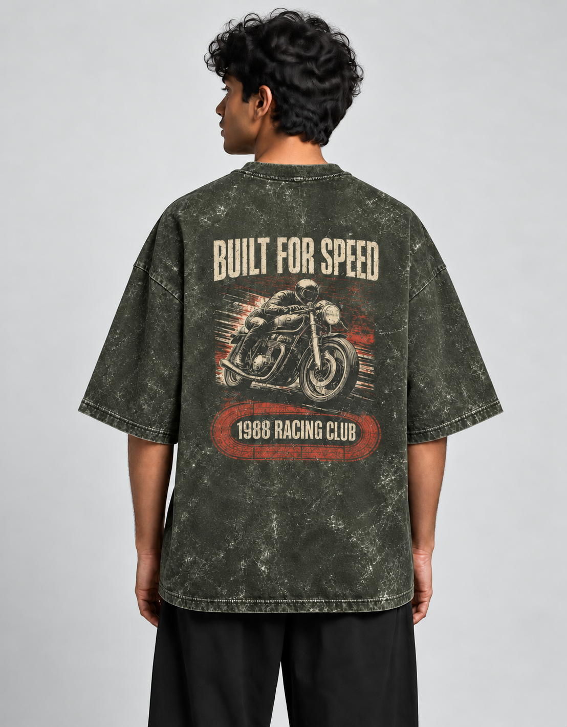 Built for Speed Olive Green acid-wash oversized T-shirt mockup – view 2