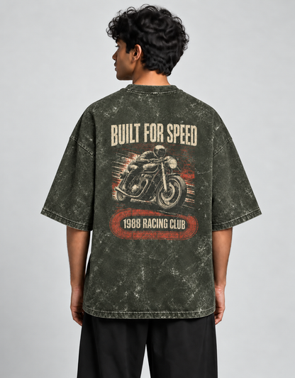 Built for Speed Olive Green acid-wash oversized T-shirt mockup – view 2