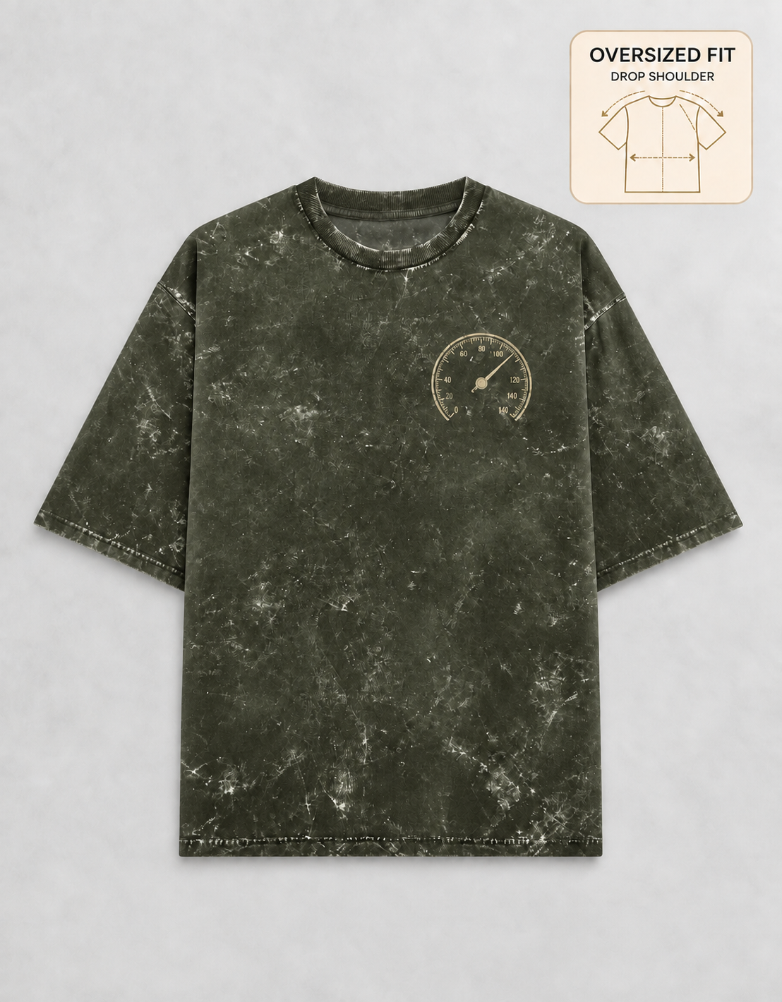 Built for Speed Olive Green acid-wash oversized T-shirt mockup – view 3