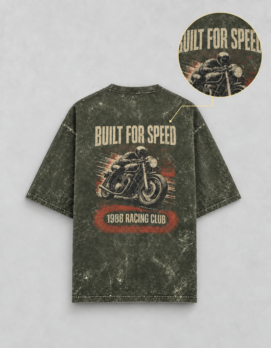 Built for Speed Olive Green acid-wash oversized T-shirt mockup – view 4