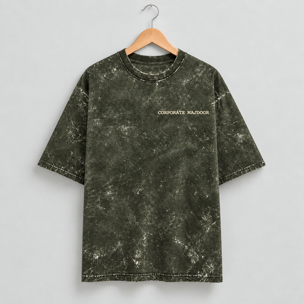 Corporate Majdoor olive green oversized T-shirt mockup – view 1