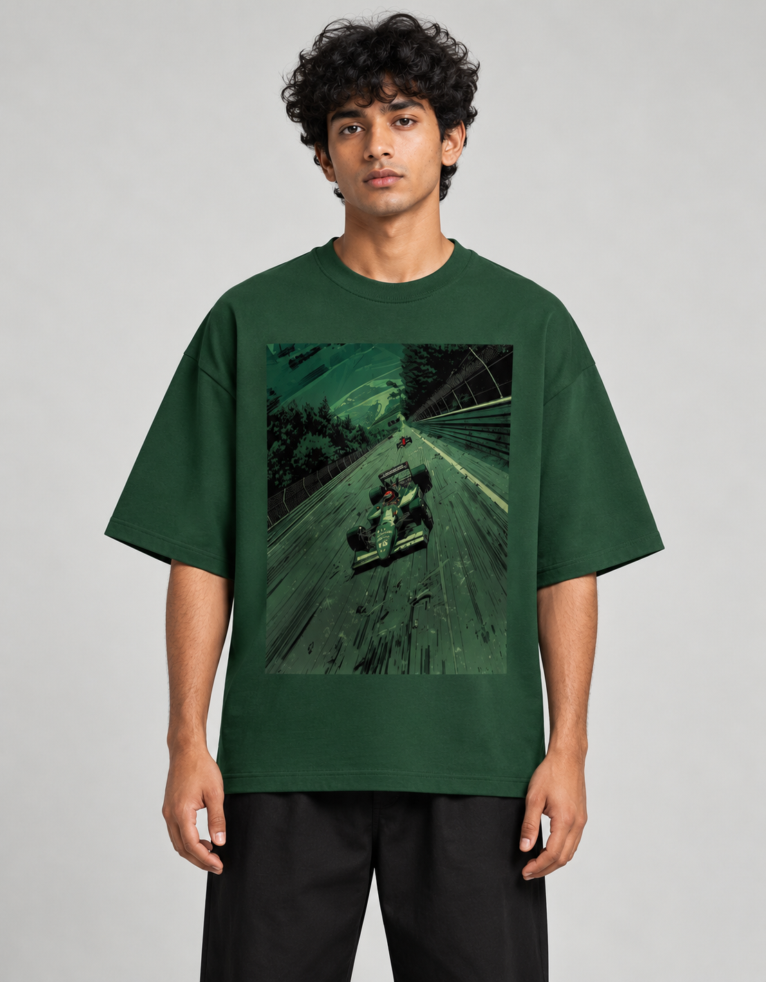 F1 Bottle Green oversized T-shirt mockup – view 2