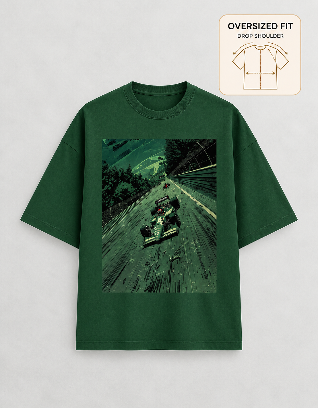 F1 Bottle Green oversized T-shirt mockup – view 3