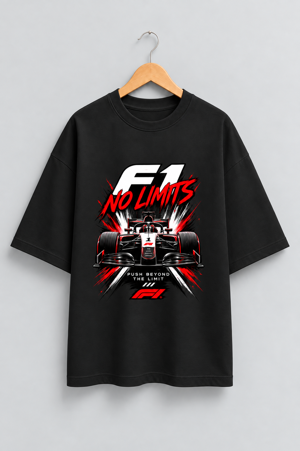 F1 No Limits Black oversized T-shirt mockup – view 1