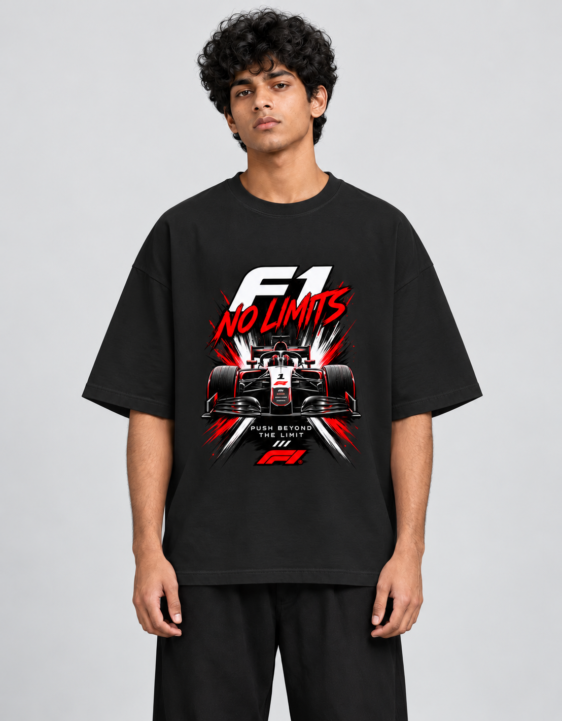 F1 No Limits Black oversized T-shirt mockup – view 2