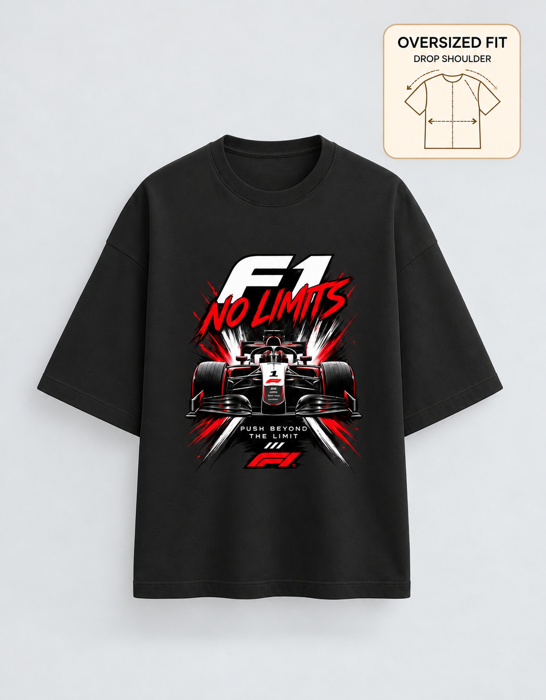 F1 No Limits Black oversized T-shirt mockup – view 3