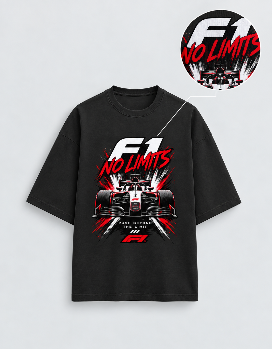 F1 No Limits Black oversized T-shirt mockup – view 4