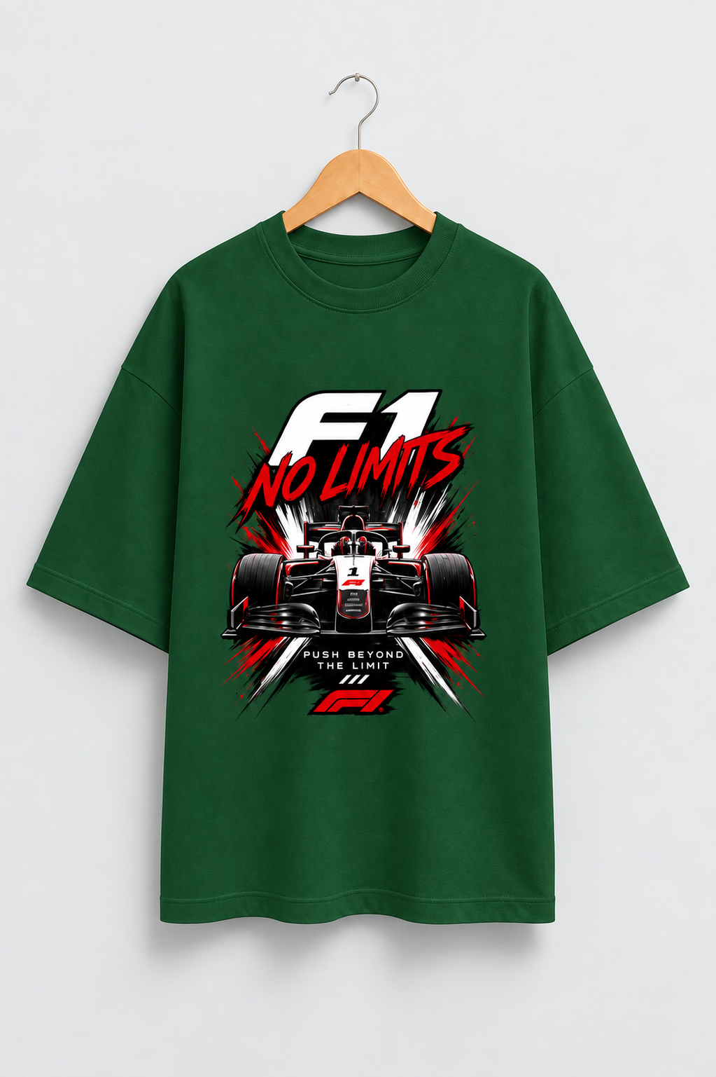 F1 No Limits Bottle Green oversized T-shirt mockup – view 1