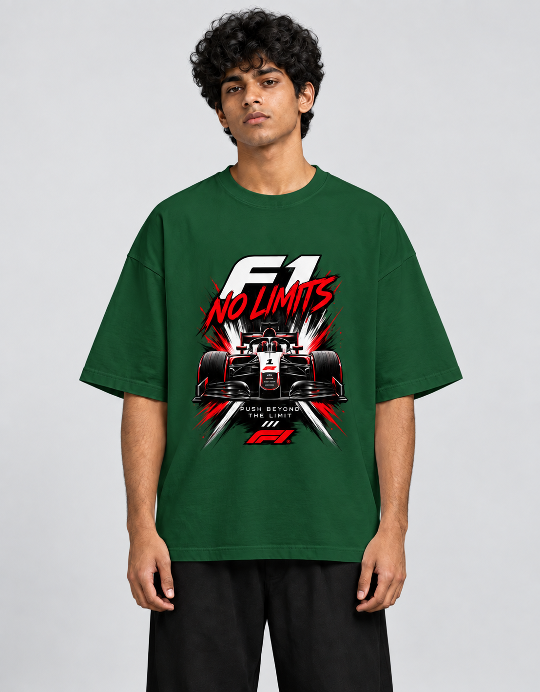F1 No Limits Bottle Green oversized T-shirt mockup – view 2