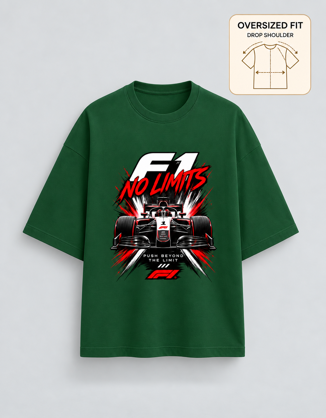 F1 No Limits Bottle Green oversized T-shirt mockup – view 3