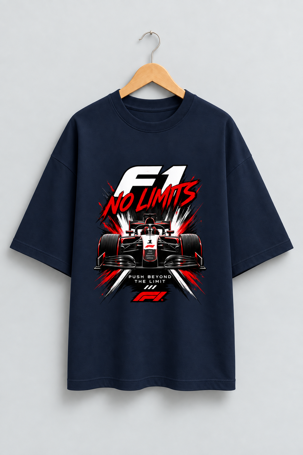 F1 No Limits Navy Blue oversized T-shirt mockup – view 1