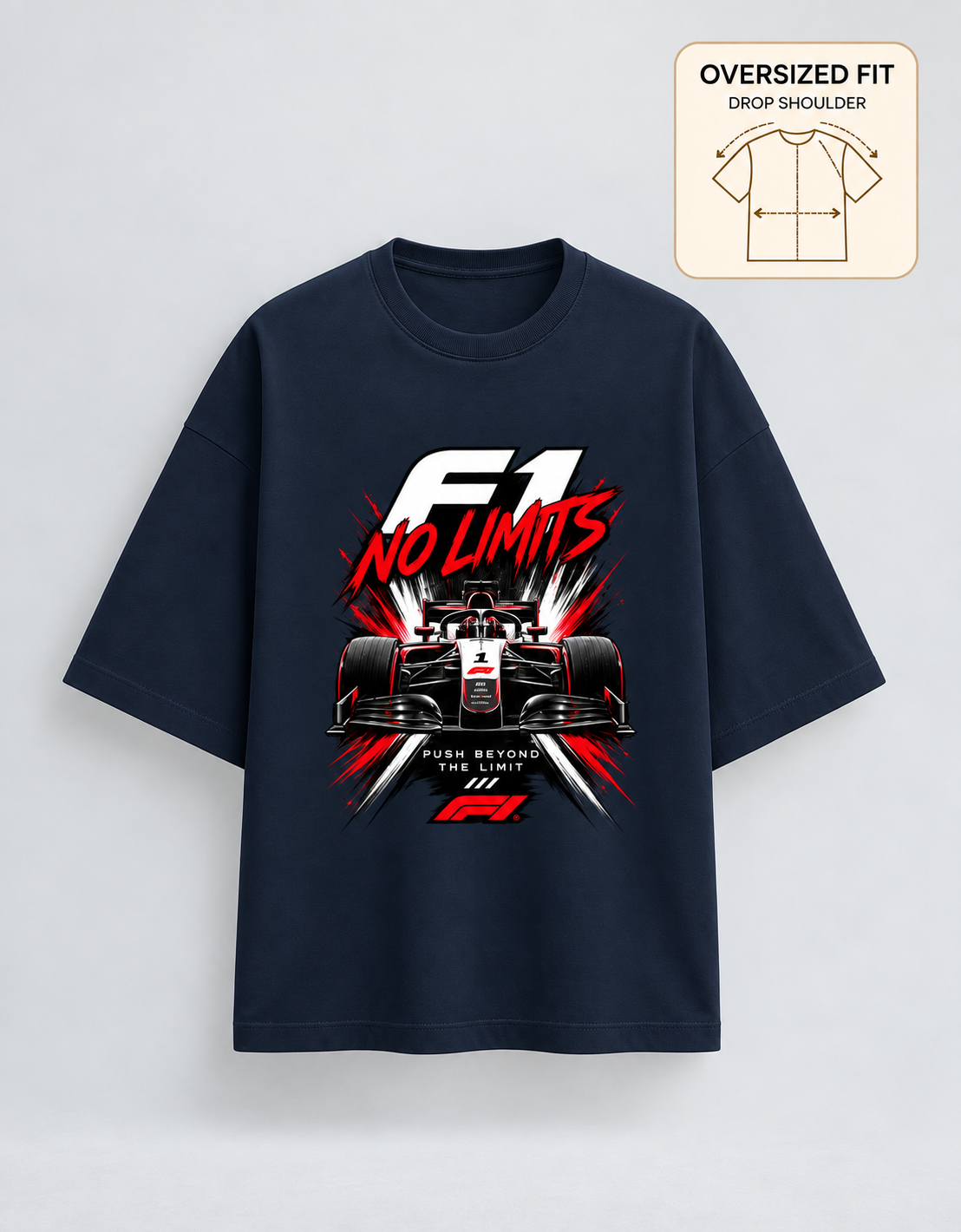 F1 No Limits Navy Blue oversized T-shirt mockup – view 3