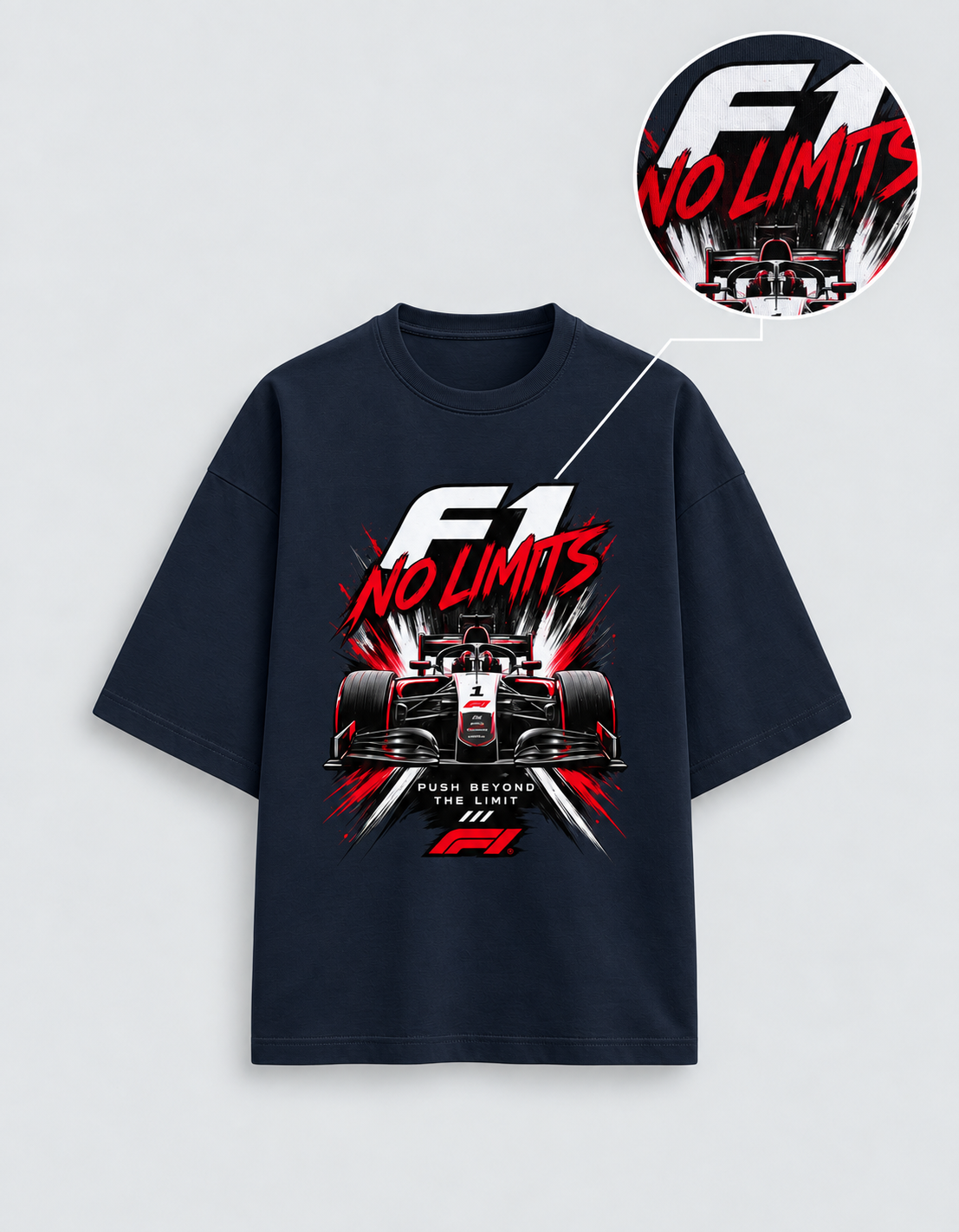 F1 No Limits Navy Blue oversized T-shirt mockup – view 4