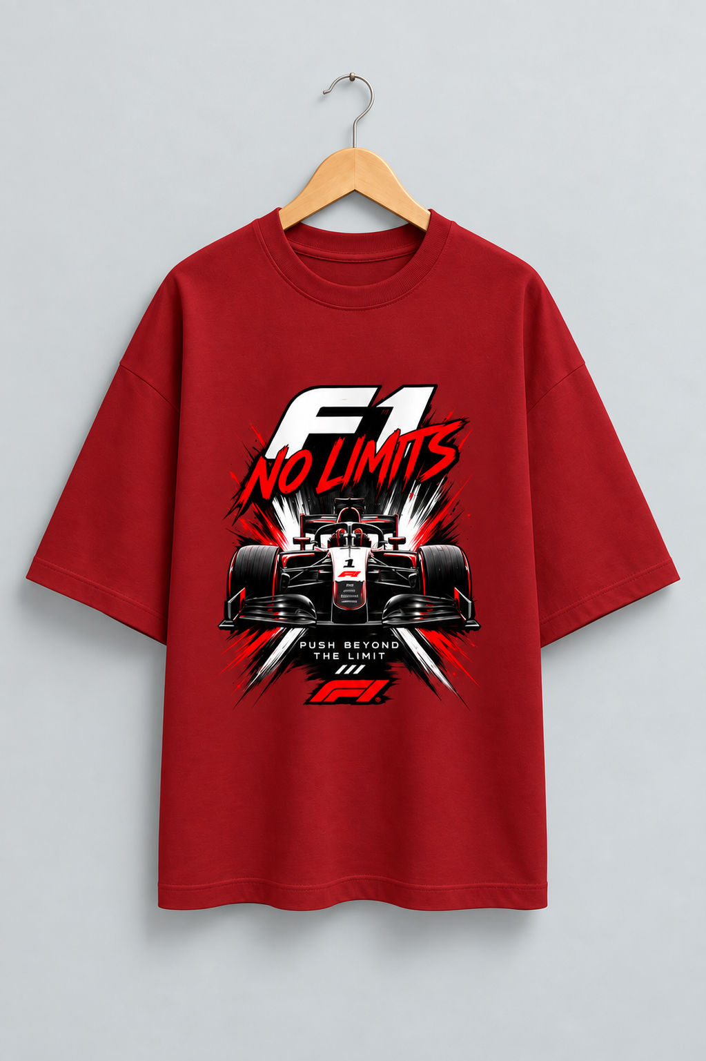 F1 No Limits Red oversized T-shirt mockup – view 1