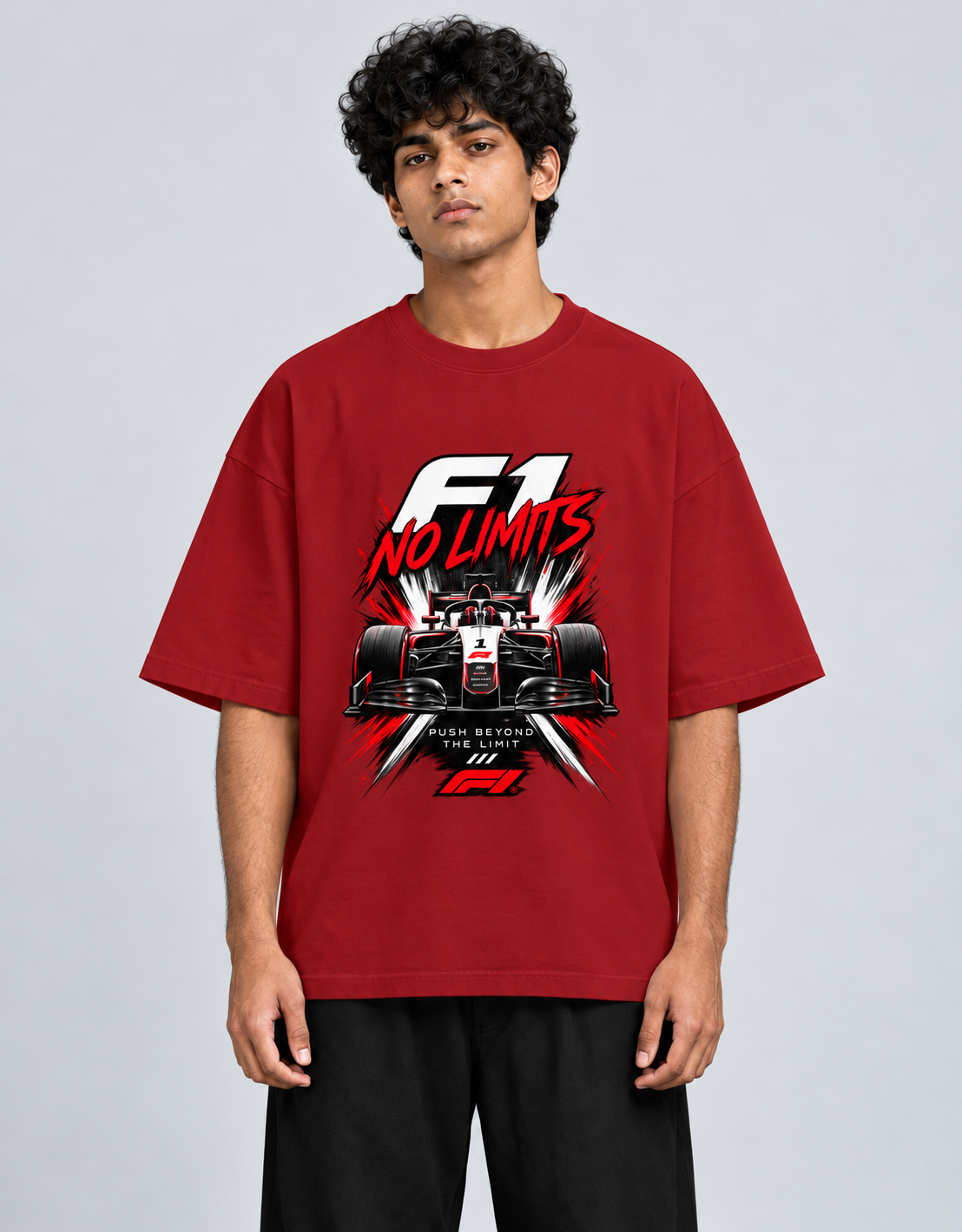 F1 No Limits Red oversized T-shirt mockup – view 2