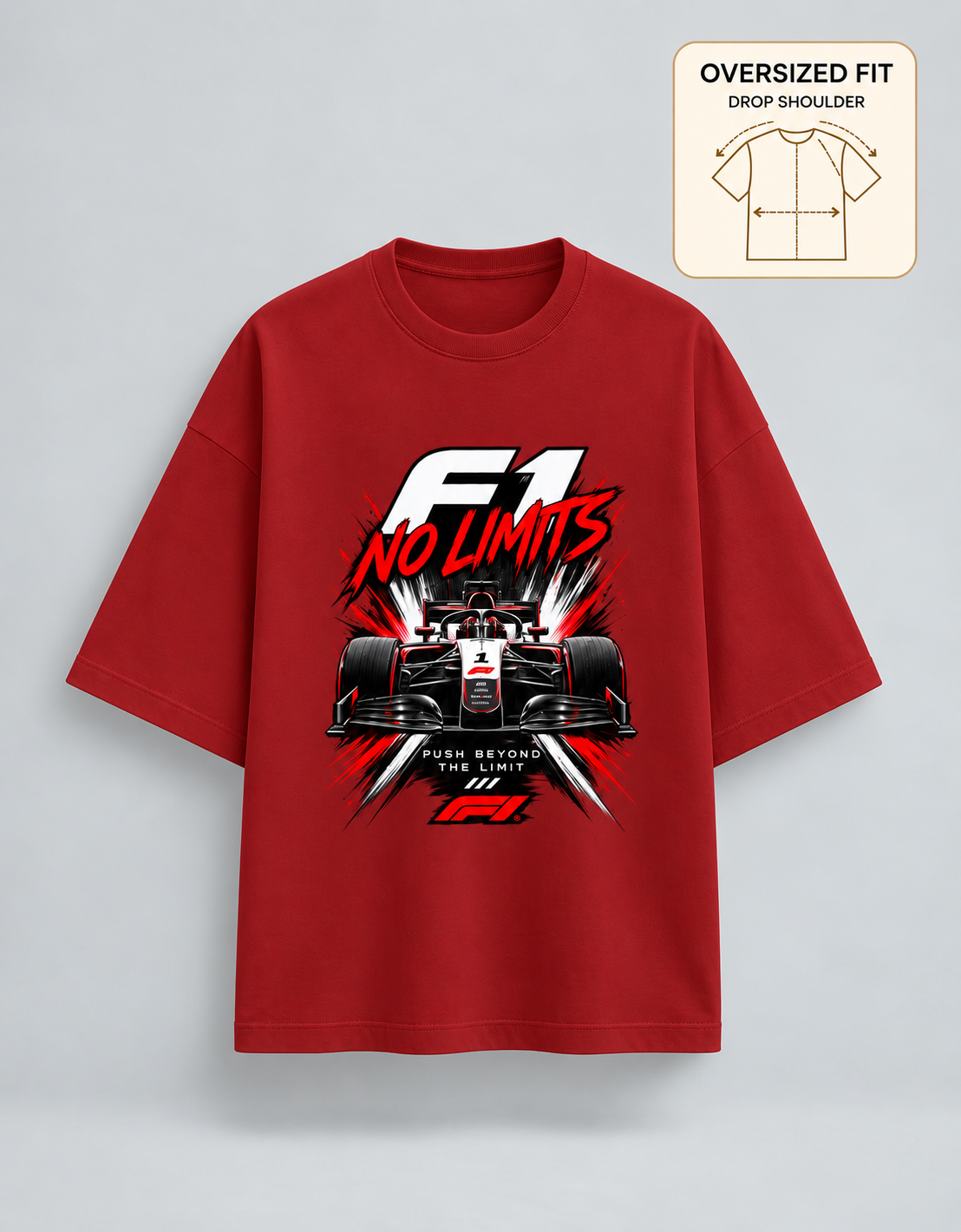 F1 No Limits Red oversized T-shirt mockup – view 3