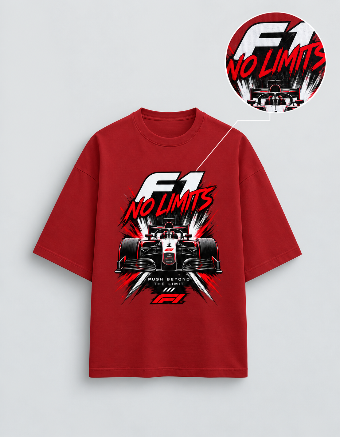 F1 No Limits Red oversized T-shirt mockup – view 4