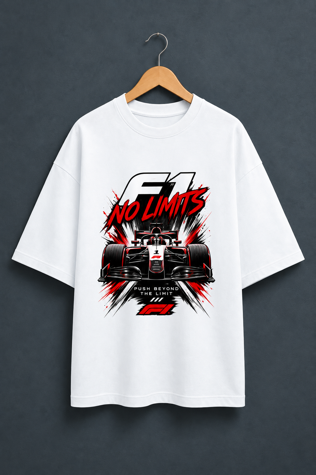F1 No Limits White oversized T-shirt mockup – view 1