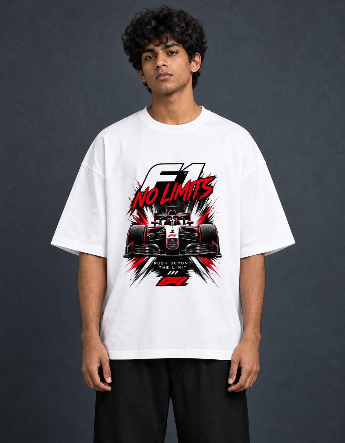 F1 No Limits White oversized T-shirt mockup – view 2