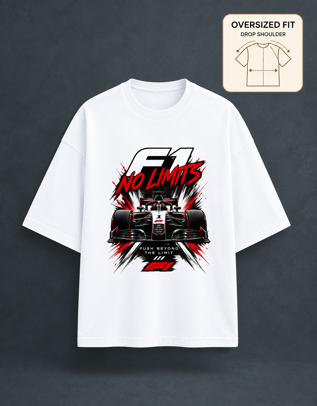 F1 No Limits White oversized T-shirt mockup – view 3