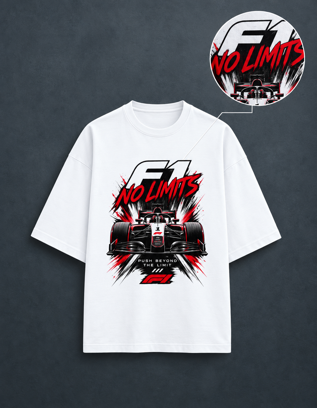 F1 No Limits White oversized T-shirt mockup – view 4
