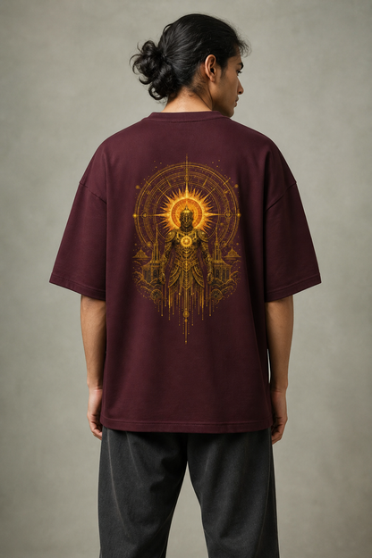 Suryaputra oversized tee in maroon – golden sun-deity back print worn by model