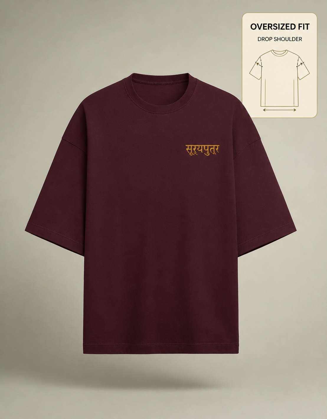 Suryaputra oversized tee in maroon – front, oversized drop-shoulder fit